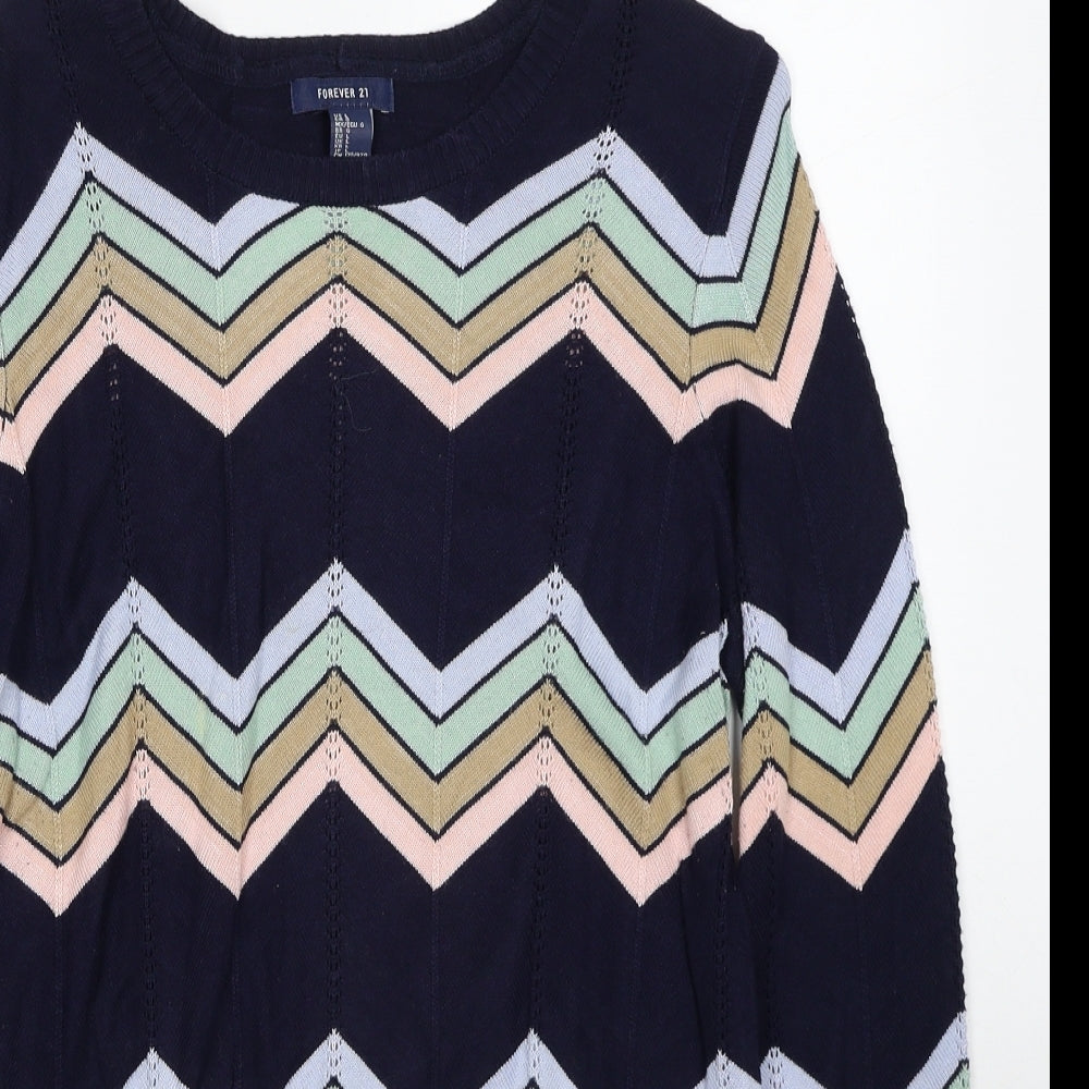 FOREVER 21 Womens Blue Round Neck Geometric Viscose Pullover Jumper Size L