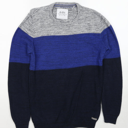 EDC Mens Blue Round Neck Cotton Henley Jumper Size S Long Sleeve