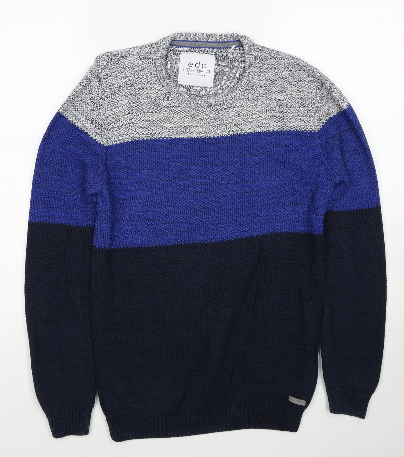 EDC Mens Blue Round Neck Cotton Henley Jumper Size S Long Sleeve