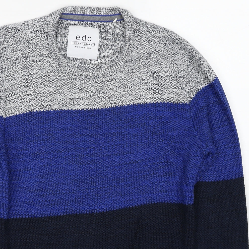 EDC Mens Blue Round Neck Cotton Henley Jumper Size S Long Sleeve
