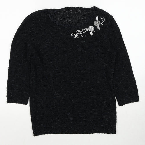 Bonmarché Womens Black Round Neck Floral Polyester Pullover Jumper Size M