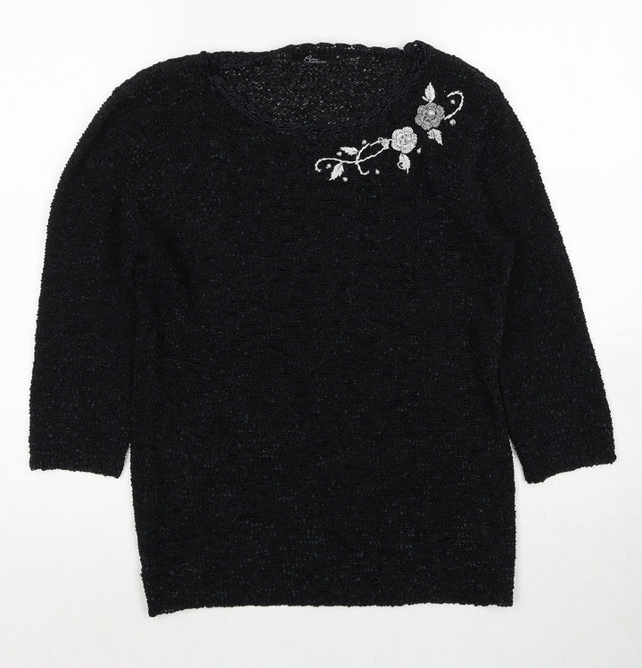 Bonmarché Womens Black Round Neck Floral Polyester Pullover Jumper Size M