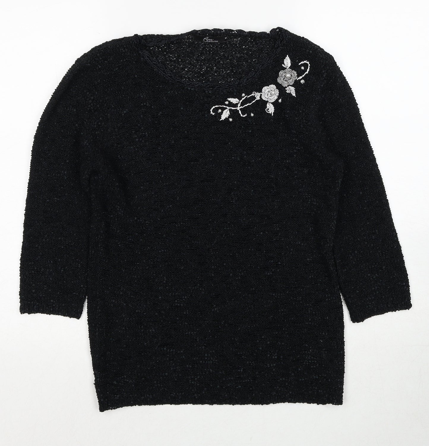 Bonmarché Womens Black Round Neck Floral Polyester Pullover Jumper Size M
