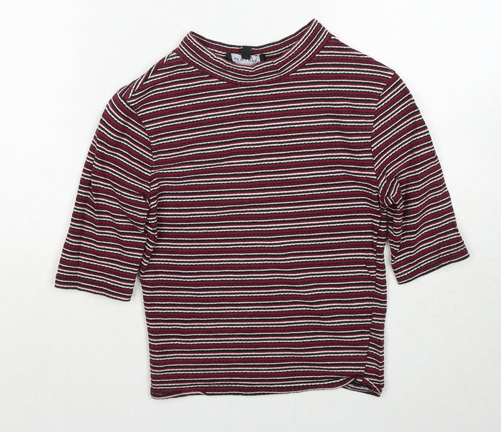 New Look Womens Red Striped Cotton Basic T-Shirt Size 6 Round Neck