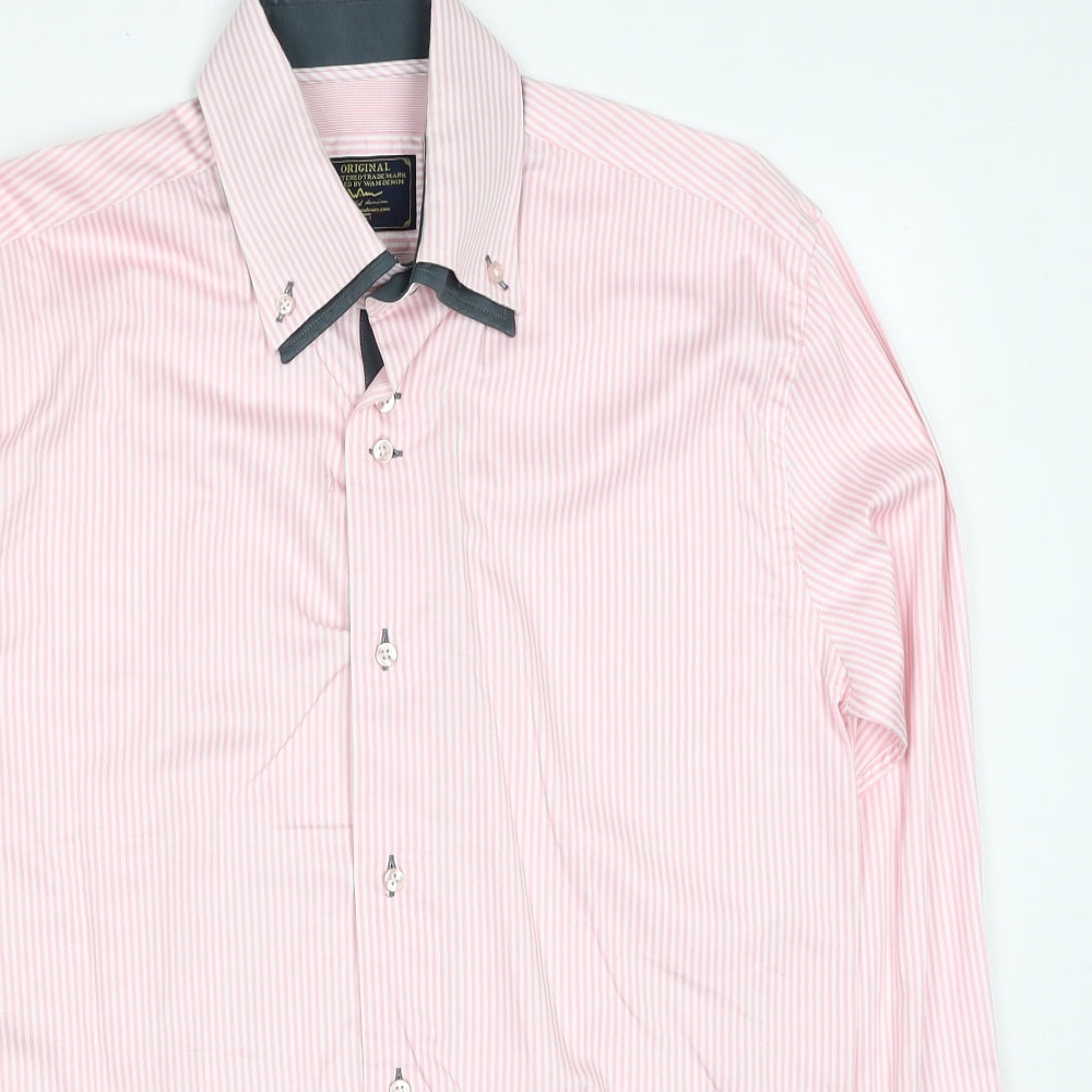 Original Mens Pink Striped Cotton Dress Shirt Size L Collared Button