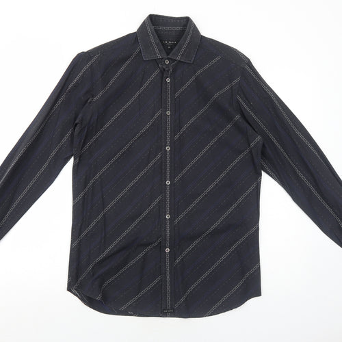 Ted Baker Mens Black Striped Cotton Dress Shirt Size M Collared Button