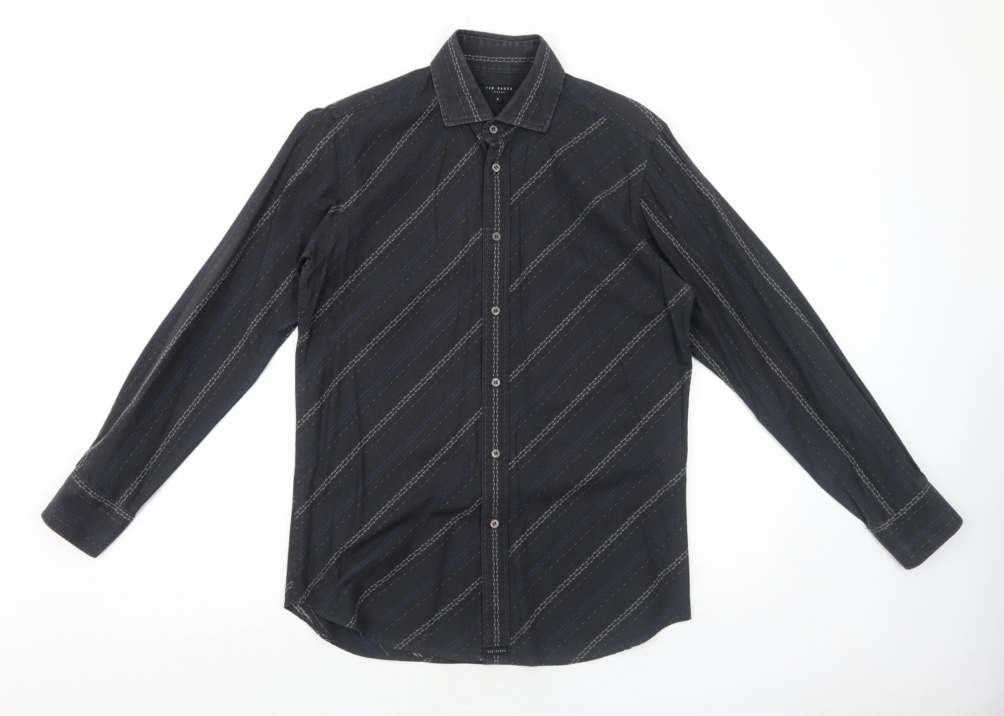 Ted Baker Mens Black Striped Cotton Dress Shirt Size M Collared Button