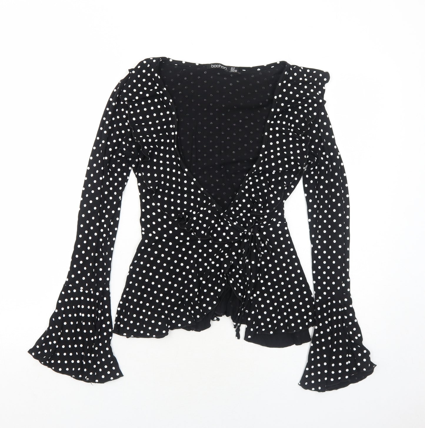 Boohoo Womens Black Polka Dot Viscose Wrap Blouse Size 10 V-Neck