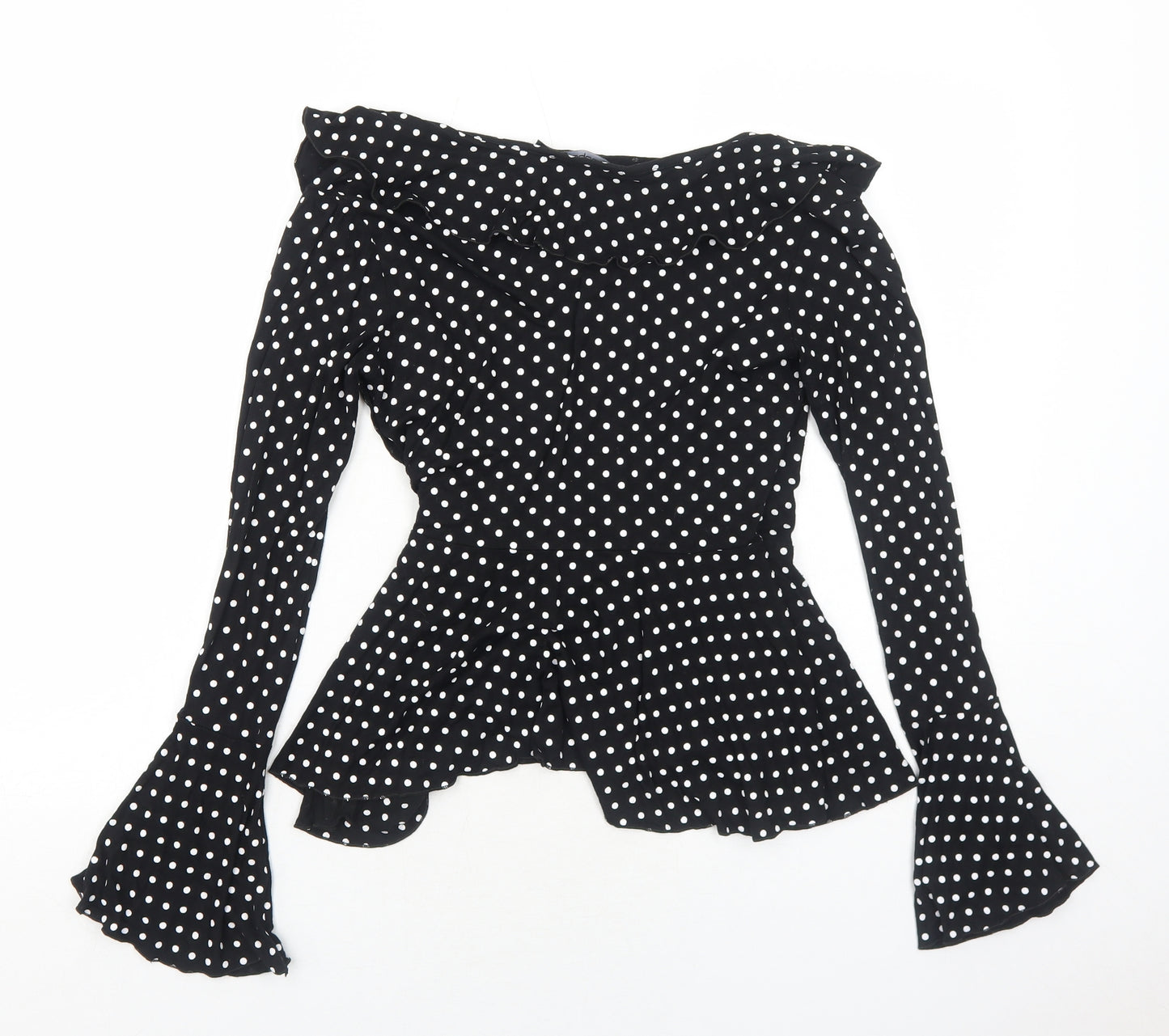 Boohoo Womens Black Polka Dot Viscose Wrap Blouse Size 10 V-Neck