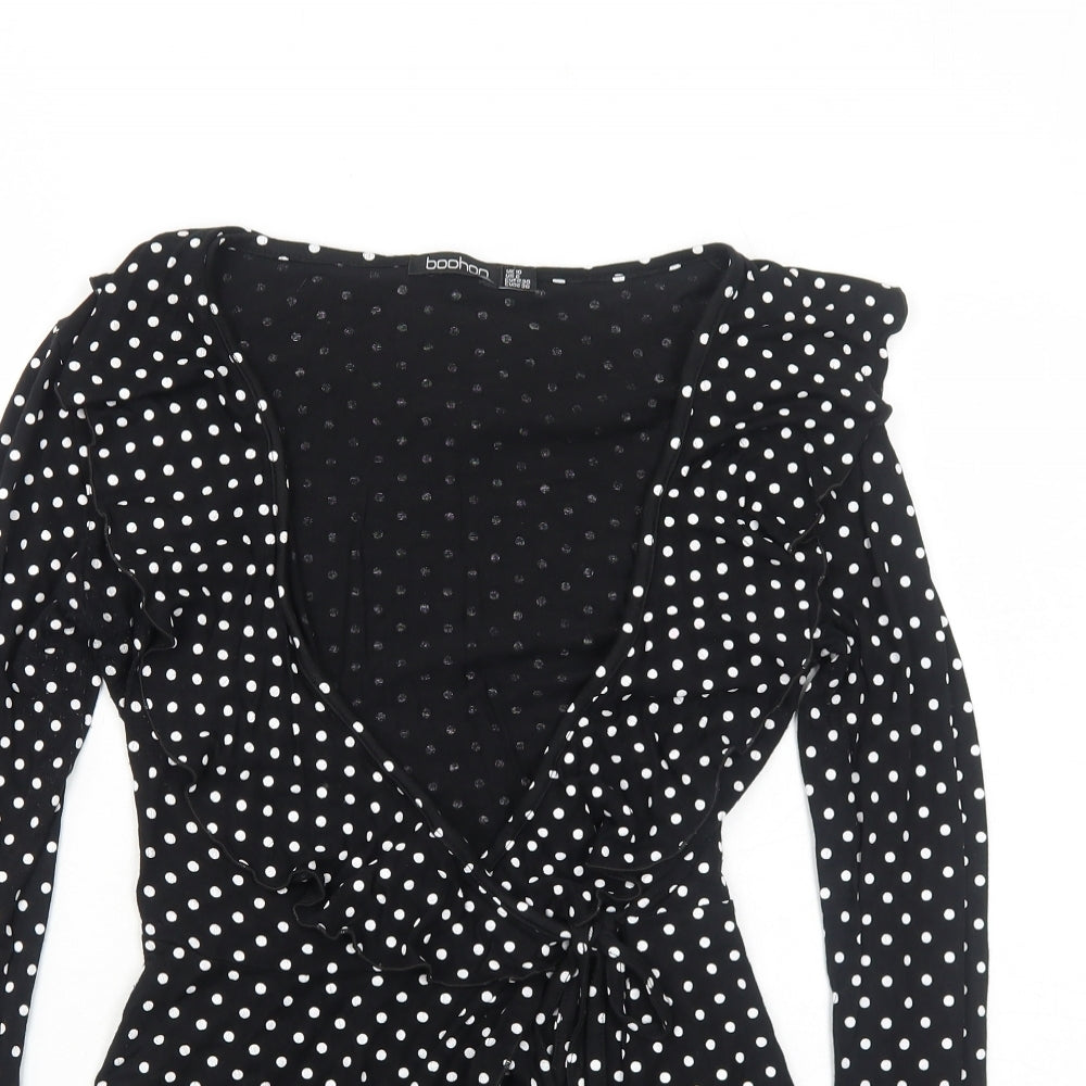 Boohoo Womens Black Polka Dot Viscose Wrap Blouse Size 10 V-Neck