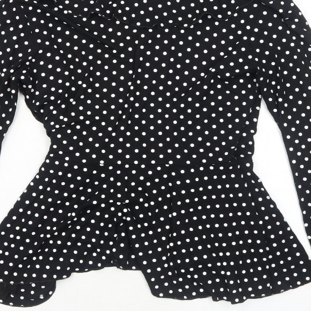 Boohoo Womens Black Polka Dot Viscose Wrap Blouse Size 10 V-Neck