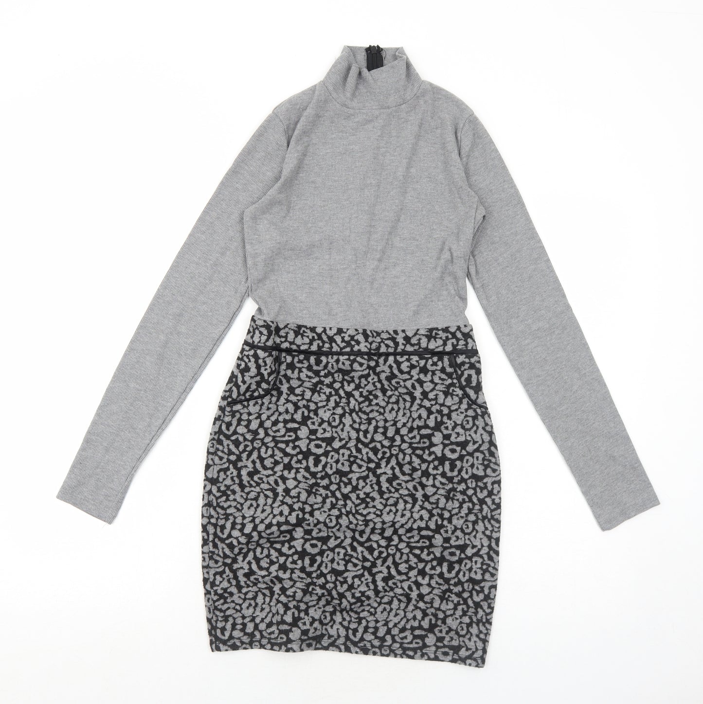 Select Womens Grey Animal Print Polyester A-Line Size 6 Mock Neck Zip - Leopard Pattern
