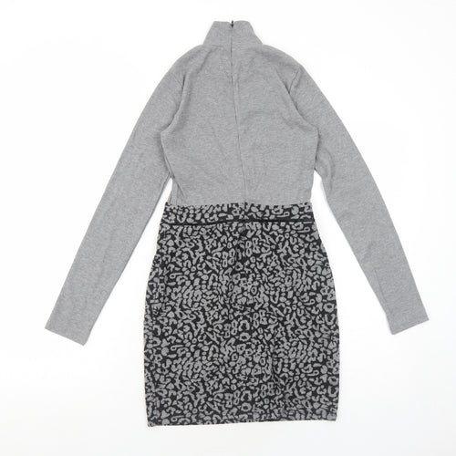 Select Womens Grey Animal Print Polyester A-Line Size 6 Mock Neck Zip - Leopard Pattern