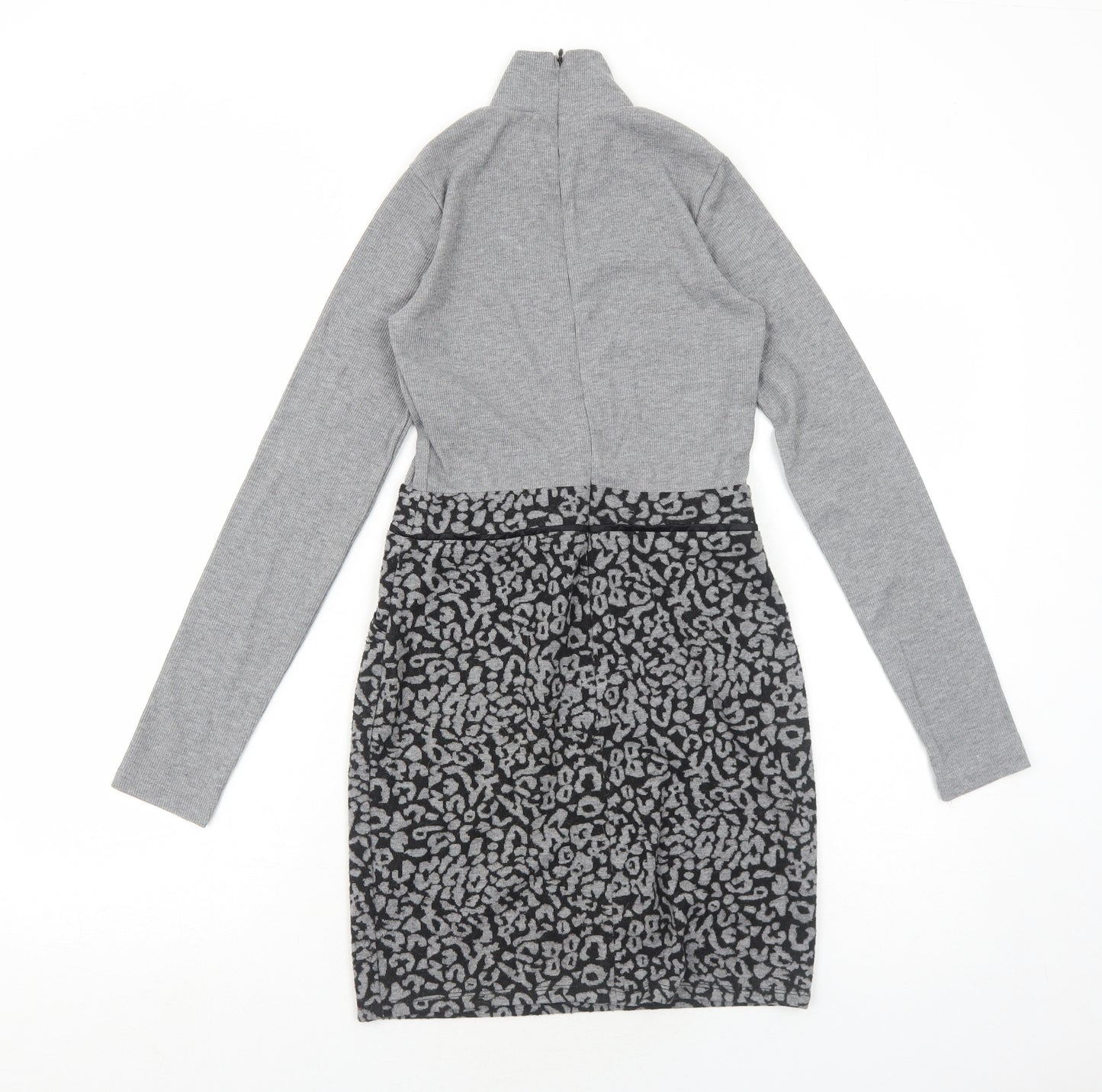 Select Womens Grey Animal Print Polyester A-Line Size 6 Mock Neck Zip - Leopard Pattern