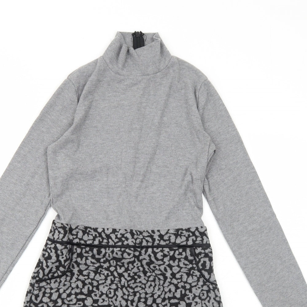 Select Womens Grey Animal Print Polyester A-Line Size 6 Mock Neck Zip - Leopard Pattern