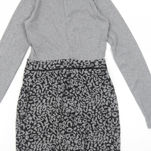Select Womens Grey Animal Print Polyester A-Line Size 6 Mock Neck Zip - Leopard Pattern