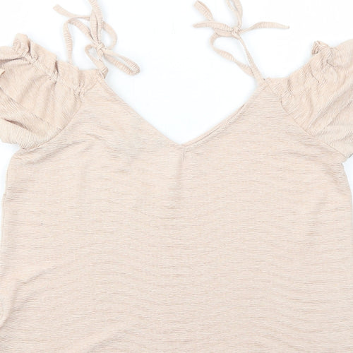 New Look Womens Pink Polyester Basic Blouse Size 6 V-Neck - Tie Shoulder Detail