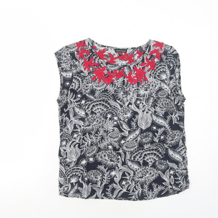 Warehouse Womens Black Floral Viscose Basic Blouse Size 12 Boat Neck