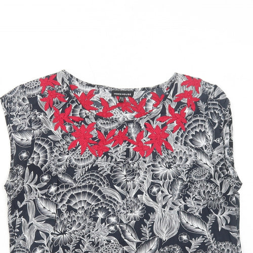 Warehouse Womens Black Floral Viscose Basic Blouse Size 12 Boat Neck