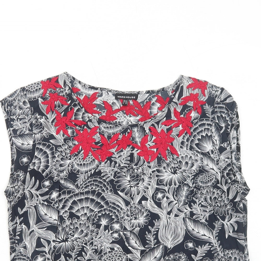 Warehouse Womens Black Floral Viscose Basic Blouse Size 12 Boat Neck