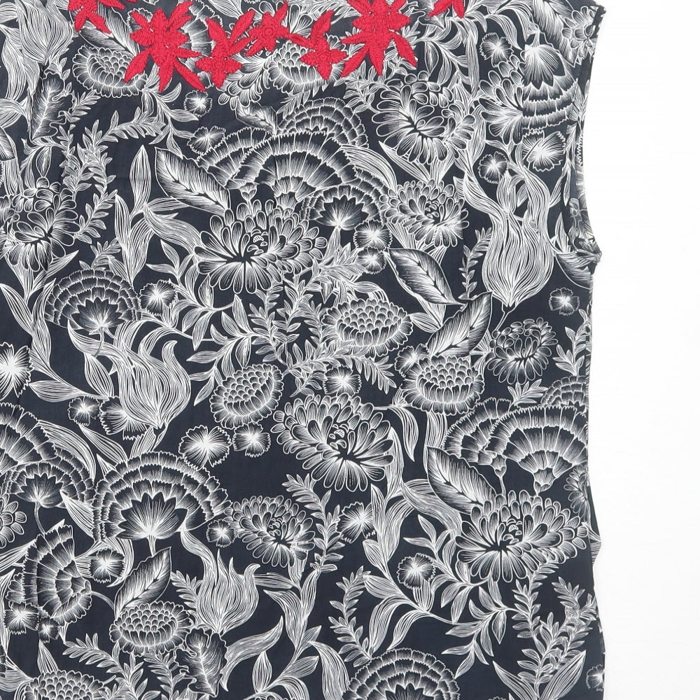 Warehouse Womens Black Floral Viscose Basic Blouse Size 12 Boat Neck