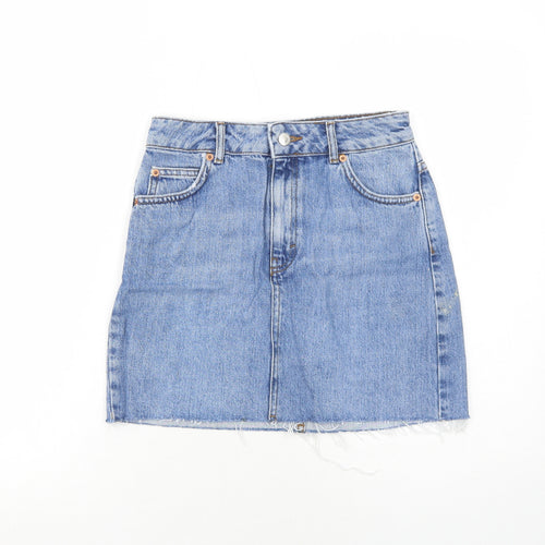 Topshop Womens Blue Herringbone Cotton A-Line Skirt Size 6 Zip