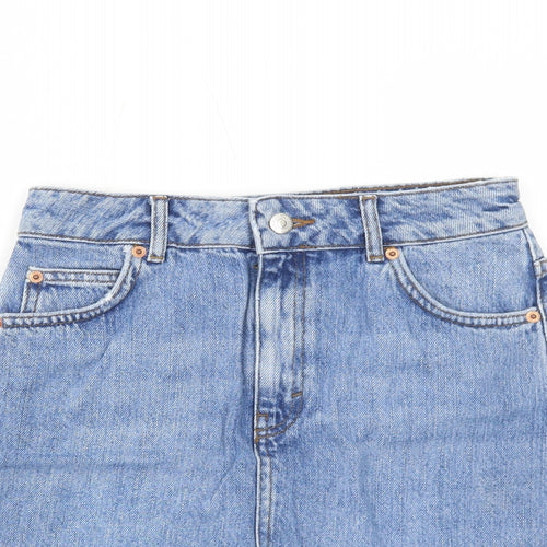 Topshop Womens Blue Herringbone Cotton A-Line Skirt Size 6 Zip