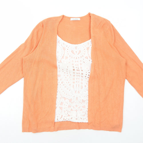 Marks and Spencer Womens Orange Scoop Neck Viscose Cardigan Jumper Size 14 - Crocheted Lace Detail