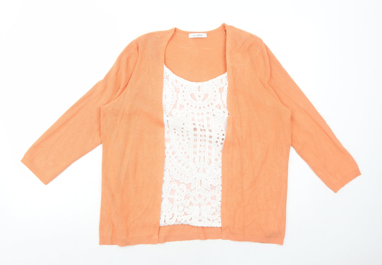Marks and Spencer Womens Orange Scoop Neck Viscose Cardigan Jumper Size 14 - Crocheted Lace Detail