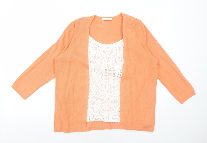 Marks and Spencer Womens Orange Scoop Neck Viscose Cardigan Jumper Size 14 - Crocheted Lace Detail
