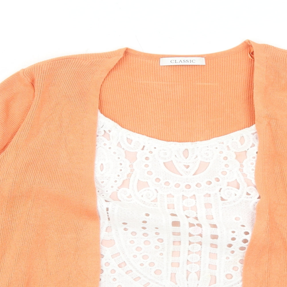 Marks and Spencer Womens Orange Scoop Neck Viscose Cardigan Jumper Size 14 - Crocheted Lace Detail
