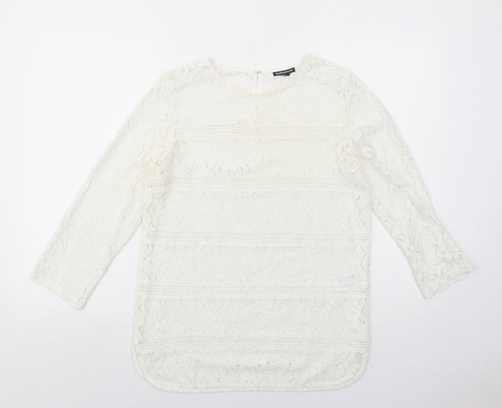 Warehouse Womens White Geometric Polyamide Basic Blouse Size 10 Round Neck