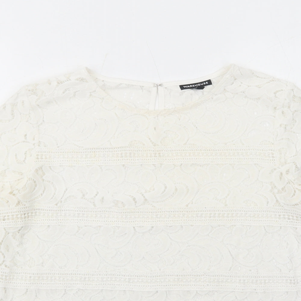 Warehouse Womens White Geometric Polyamide Basic Blouse Size 10 Round Neck