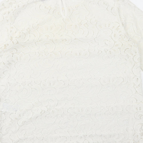 Warehouse Womens White Geometric Polyamide Basic Blouse Size 10 Round Neck