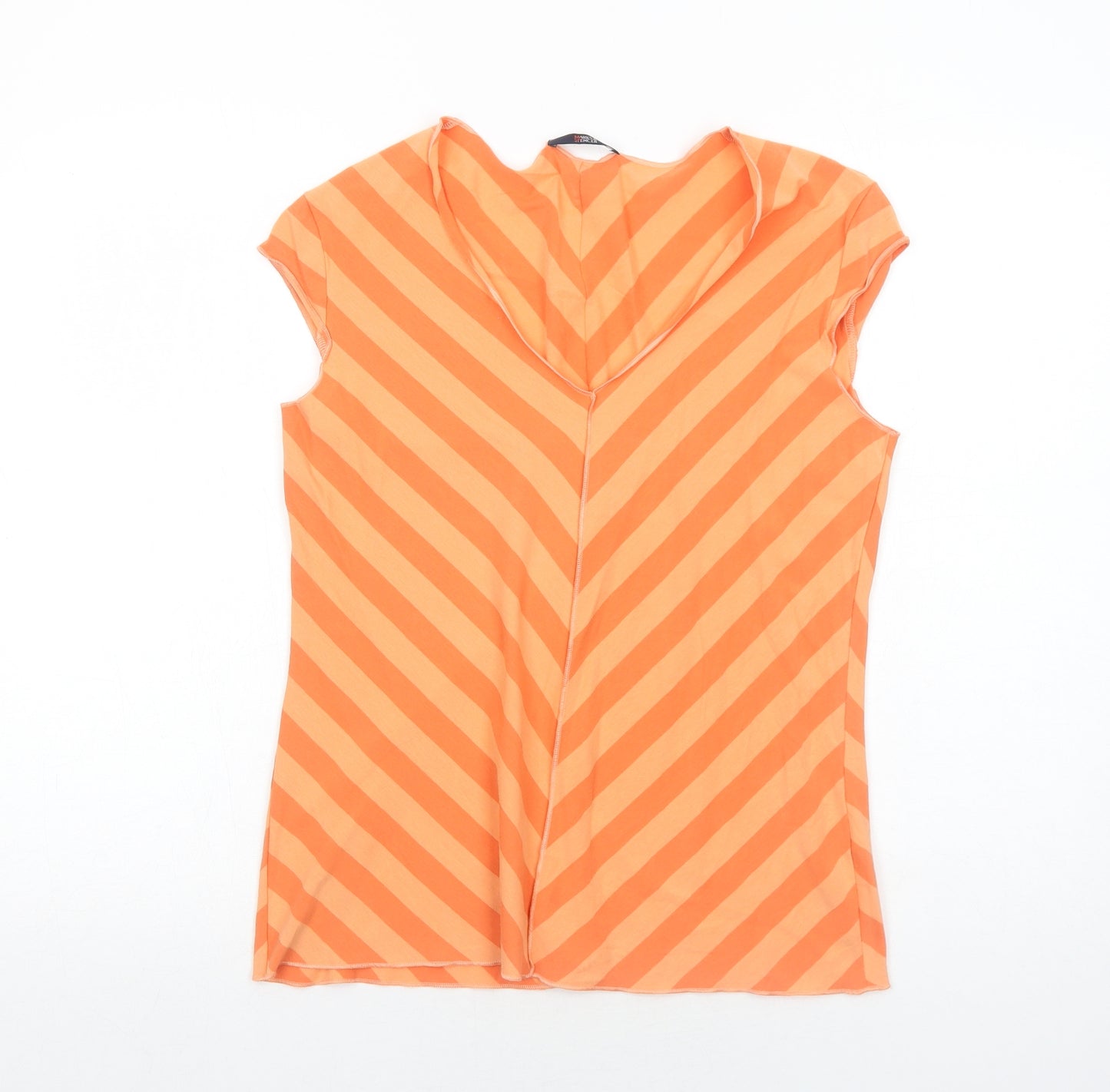 Marks and Spencer Womens Orange Striped Cotton Basic T-Shirt Size 16 V-Neck