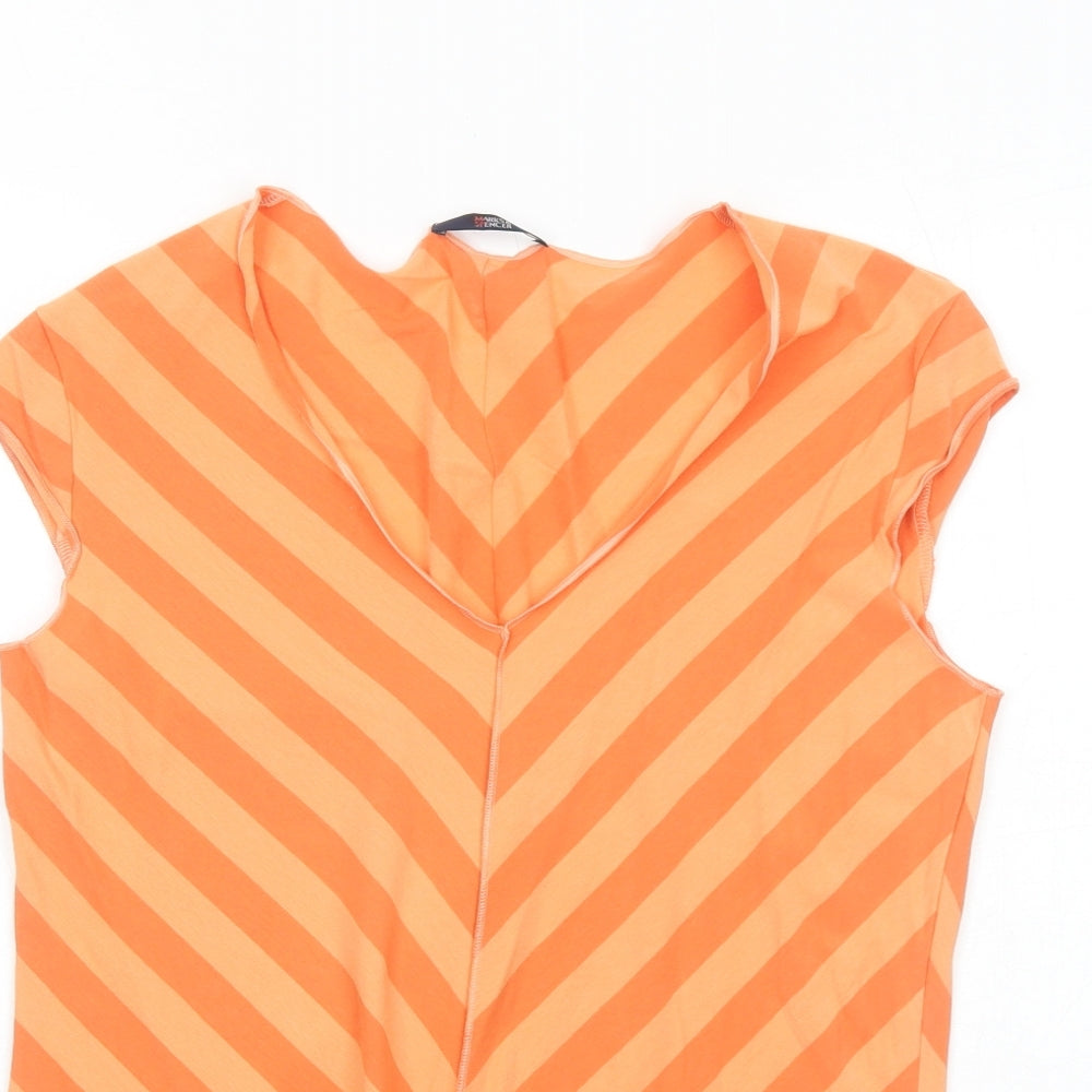 Marks and Spencer Womens Orange Striped Cotton Basic T-Shirt Size 16 V-Neck