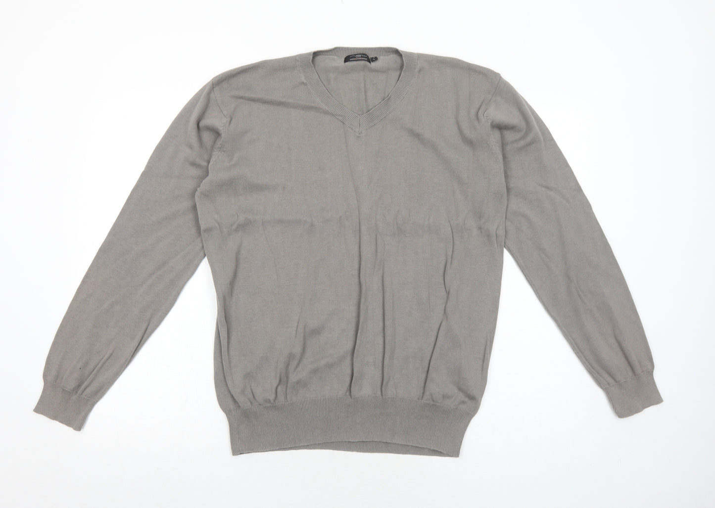 New Look Mens Grey V-Neck Cotton Pullover Jumper Size L Long Sleeve