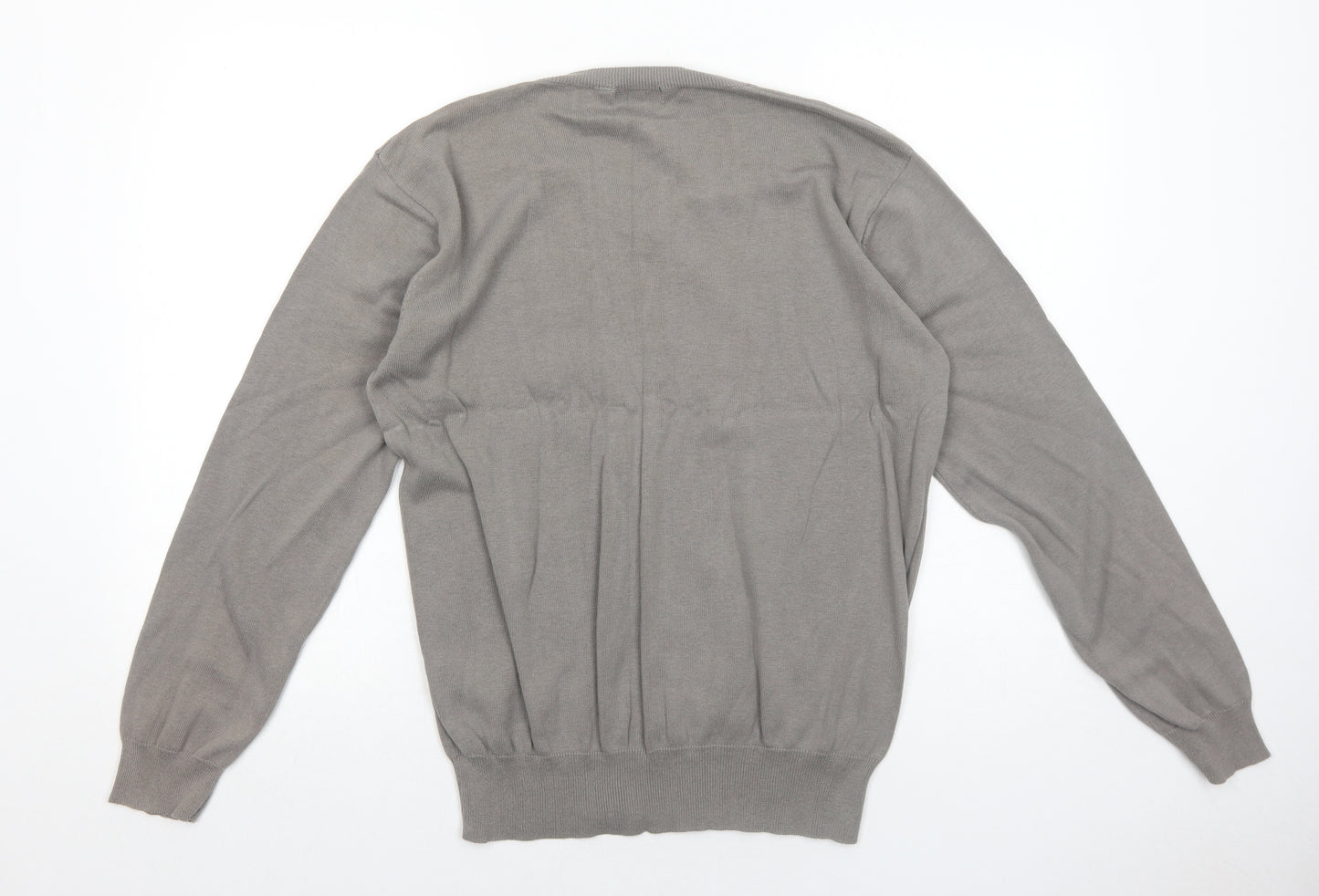 New Look Mens Grey V-Neck Cotton Pullover Jumper Size L Long Sleeve