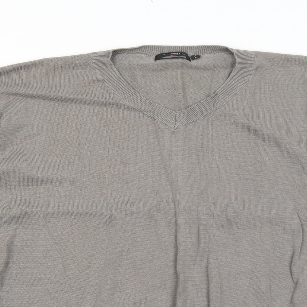 New Look Mens Grey V-Neck Cotton Pullover Jumper Size L Long Sleeve