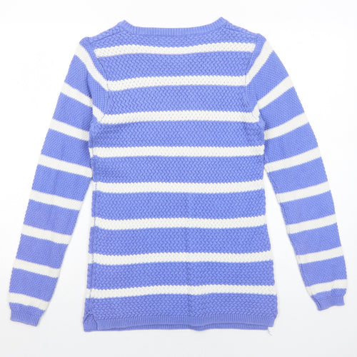 EWM Womens Blue Boat Neck Striped Cotton Pullover Jumper Size 10
