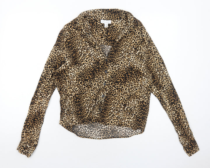 Topshop Womens Brown Animal Print Viscose Basic Button-Up Size 10 Collared - Leopard Print