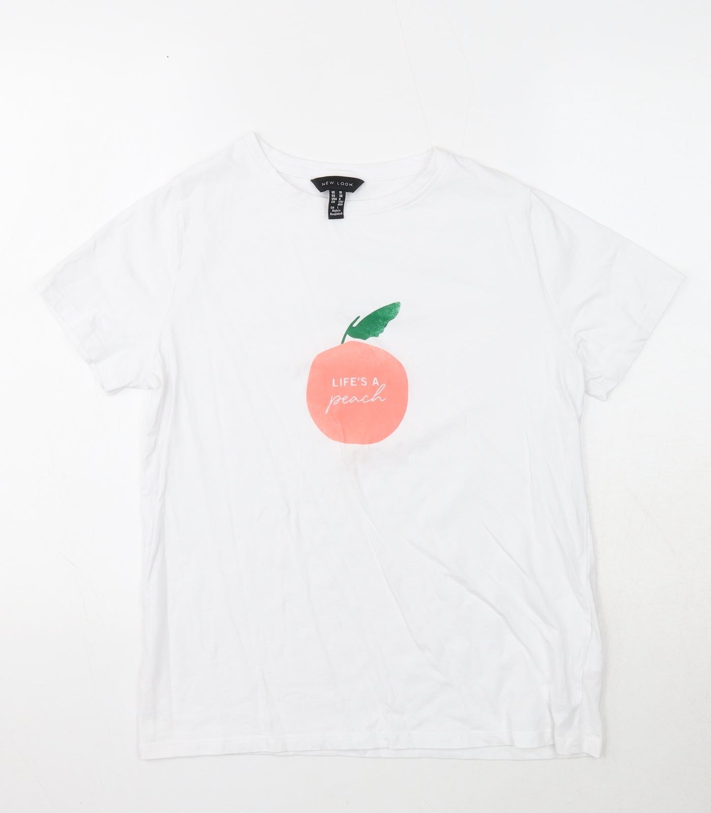 New Look Womens White Cotton Basic T-Shirt Size 10 Round Neck - Peach