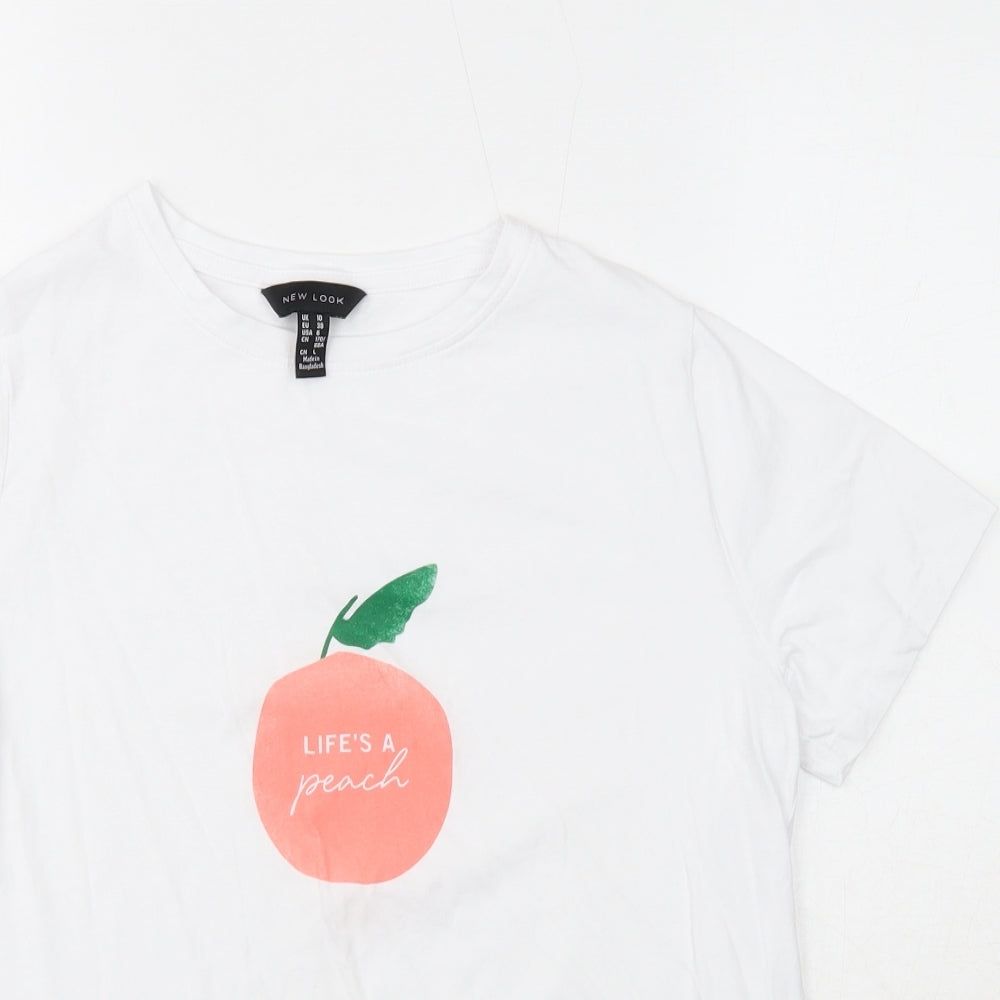 New Look Womens White Cotton Basic T-Shirt Size 10 Round Neck - Peach