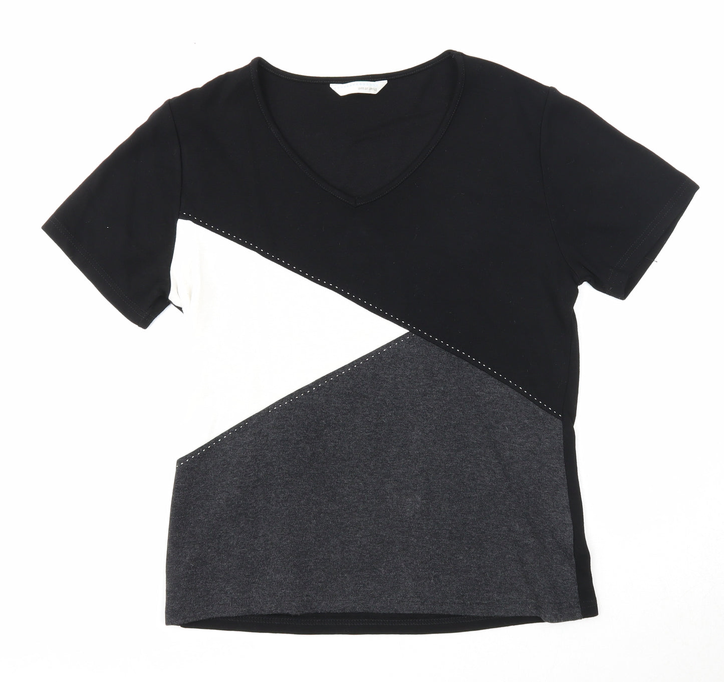 AMARANTO Womens Black Colourblock Viscose Basic T-Shirt Size 14 V-Neck