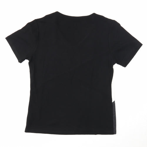 AMARANTO Womens Black Colourblock Viscose Basic T-Shirt Size 14 V-Neck