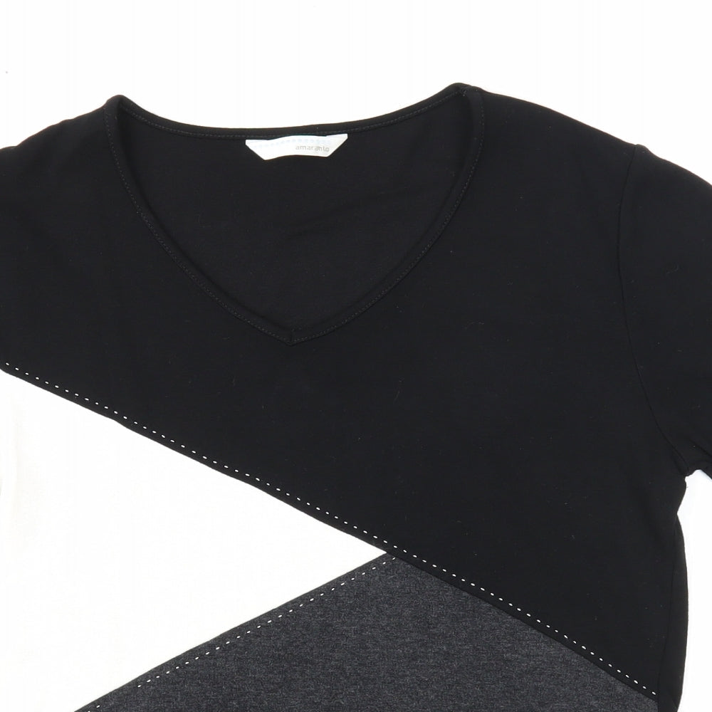 AMARANTO Womens Black Colourblock Viscose Basic T-Shirt Size 14 V-Neck