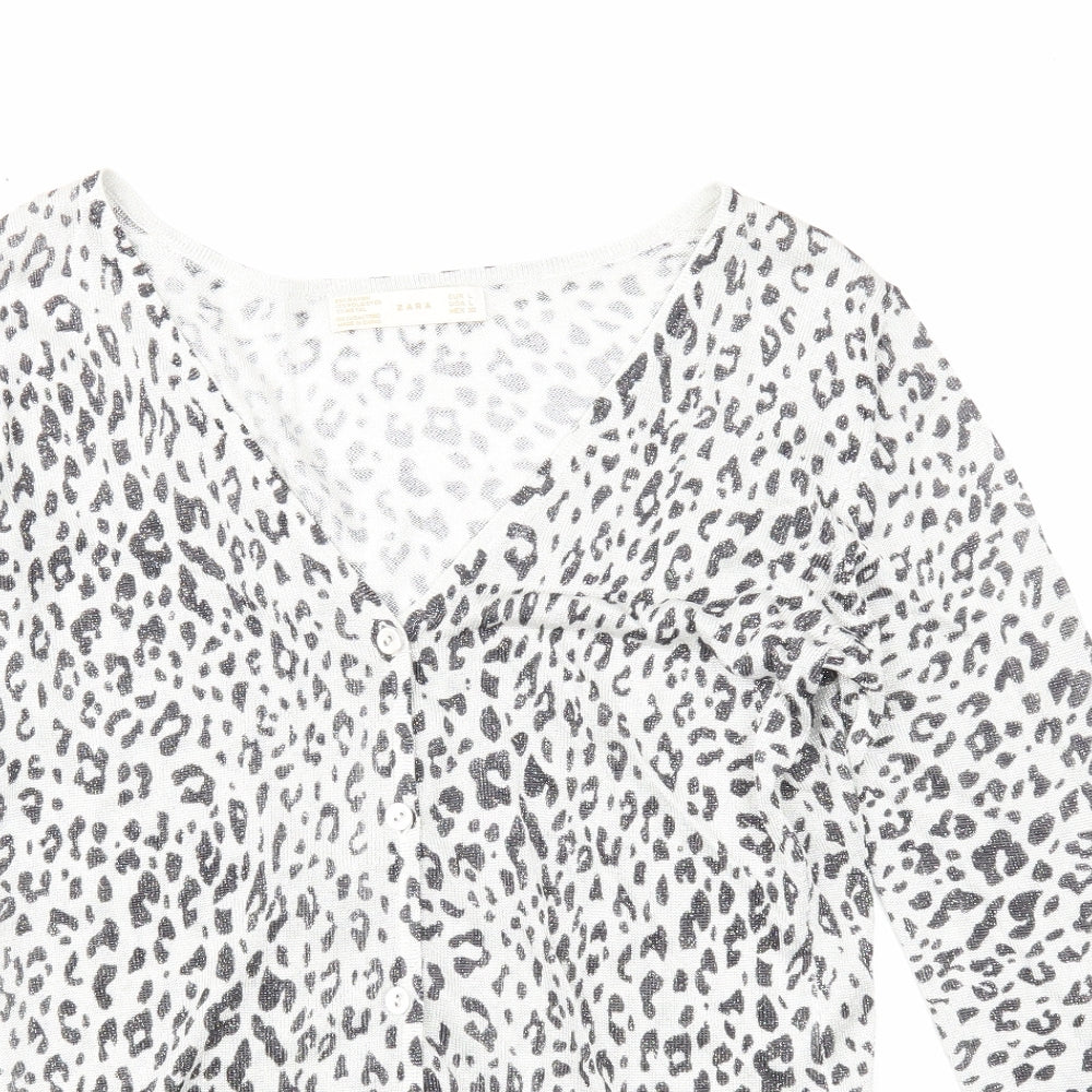 Zara Womens Grey V-Neck Animal Print Viscose Pullover Jumper Size L
