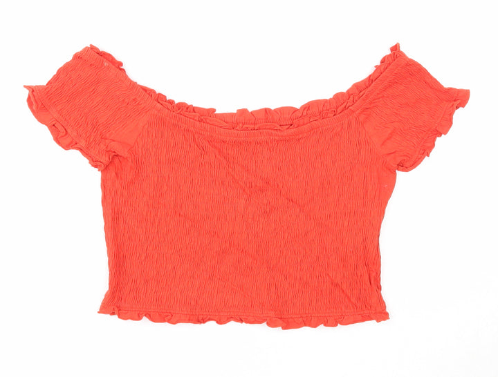 New Look Womens Orange Cotton Cropped Blouse Size 14 Off the Shoulder - Shirred