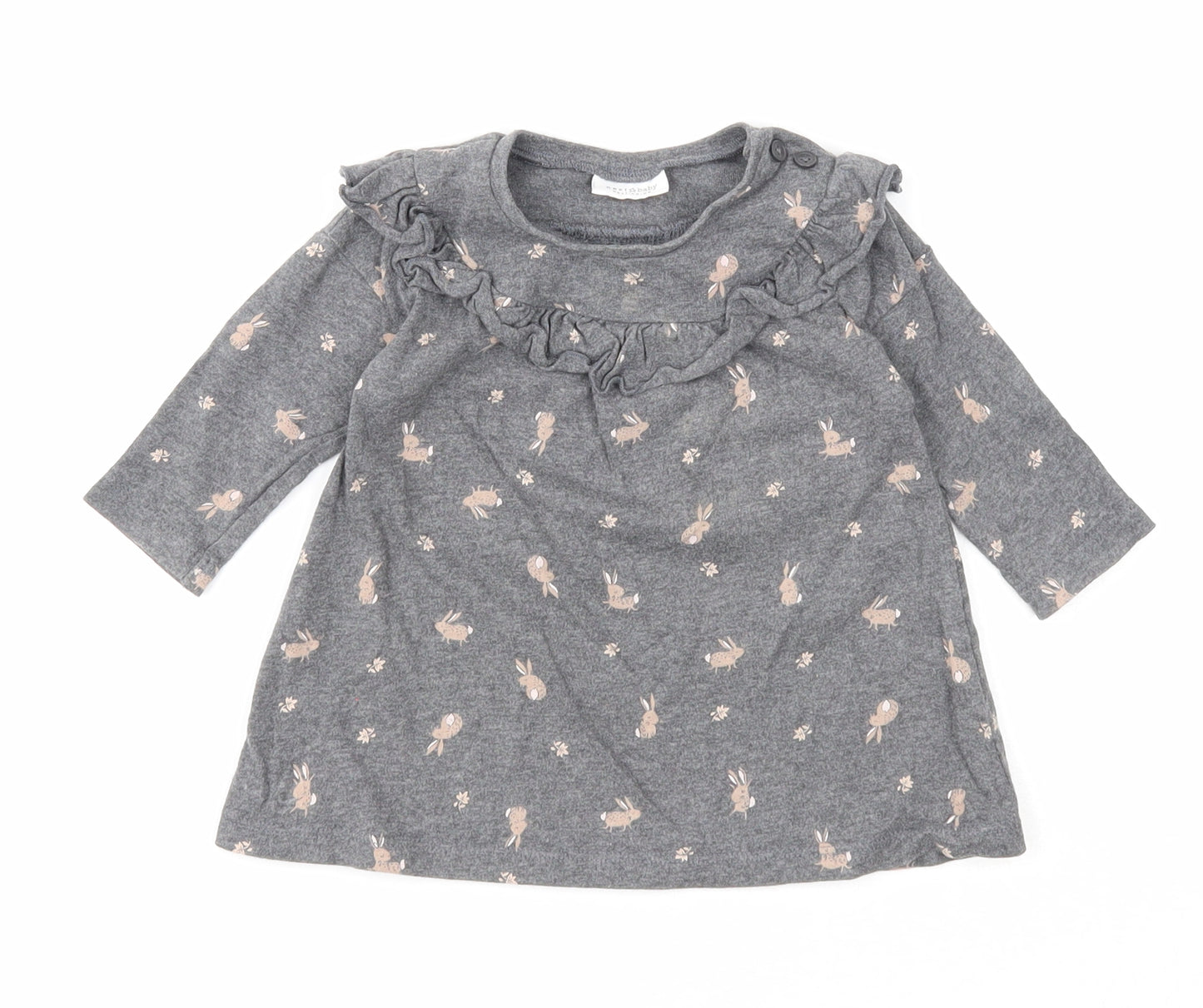NEXT Girls Grey Geometric Cotton A-Line Size 3-6 Months Round Neck Button - Rabbit
