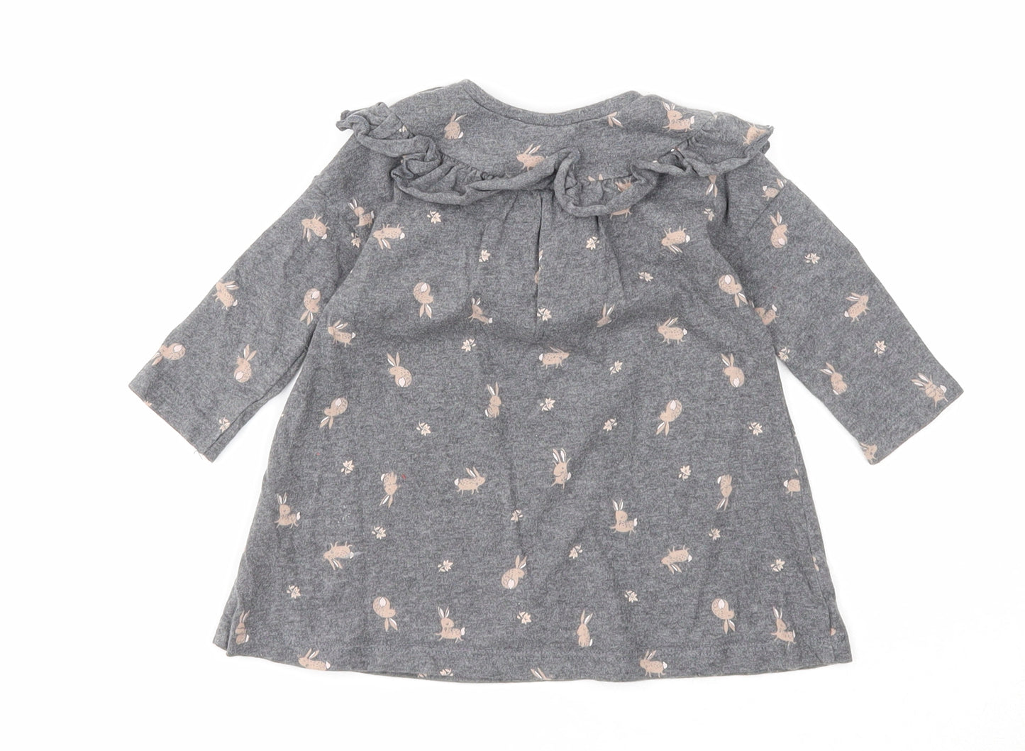 NEXT Girls Grey Geometric Cotton A-Line Size 3-6 Months Round Neck Button - Rabbit